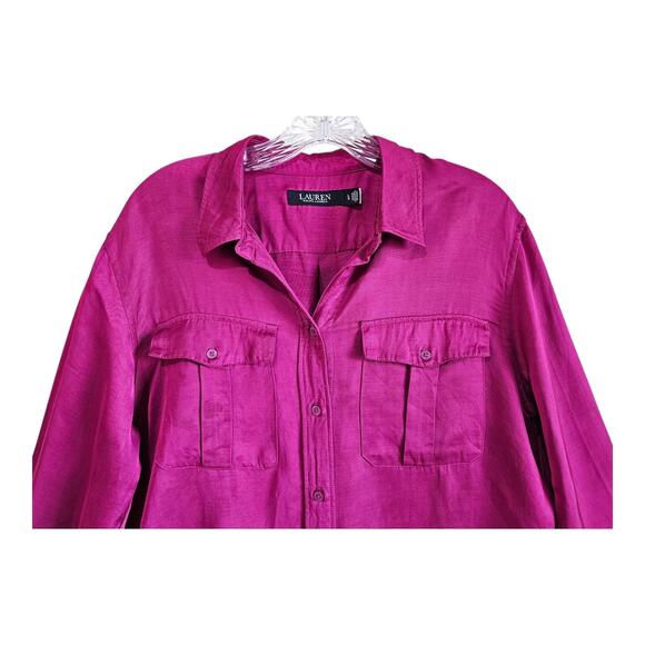 LAUREN RALPH LAUREN Women L Satin Blouse Buttons Fuchsia Pink Viscose Linen 40" - Picture 2 of 7